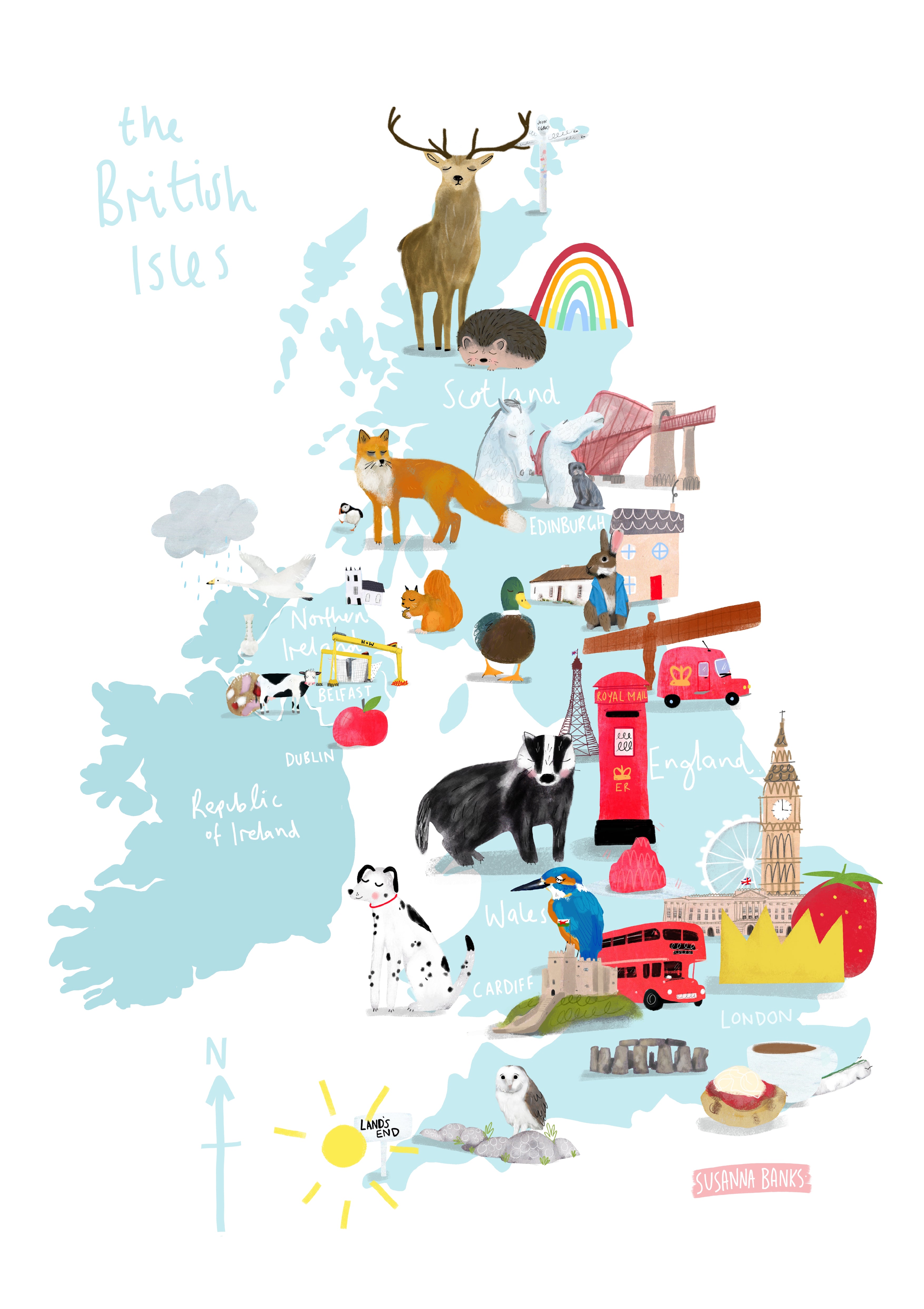BLUE British Isles Map | UK Map | British Wildlife | World Map Print | Educational print | Homeschool | Nursery | Playroom