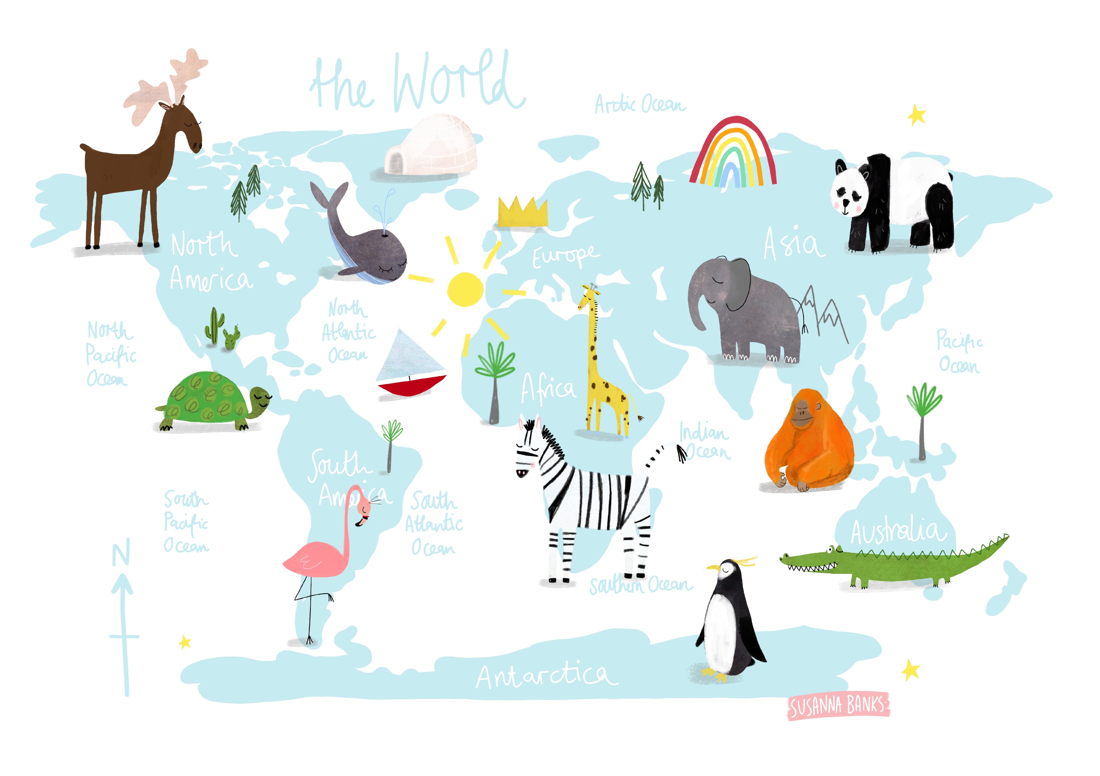 BLUE Animals of the World | World Map Print | Educational print | Homeschool | Nursery | Playroom