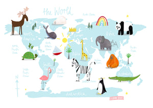 BLUE Animals of the World | World Map Print | Educational print | Homeschool | Nursery | Playroom