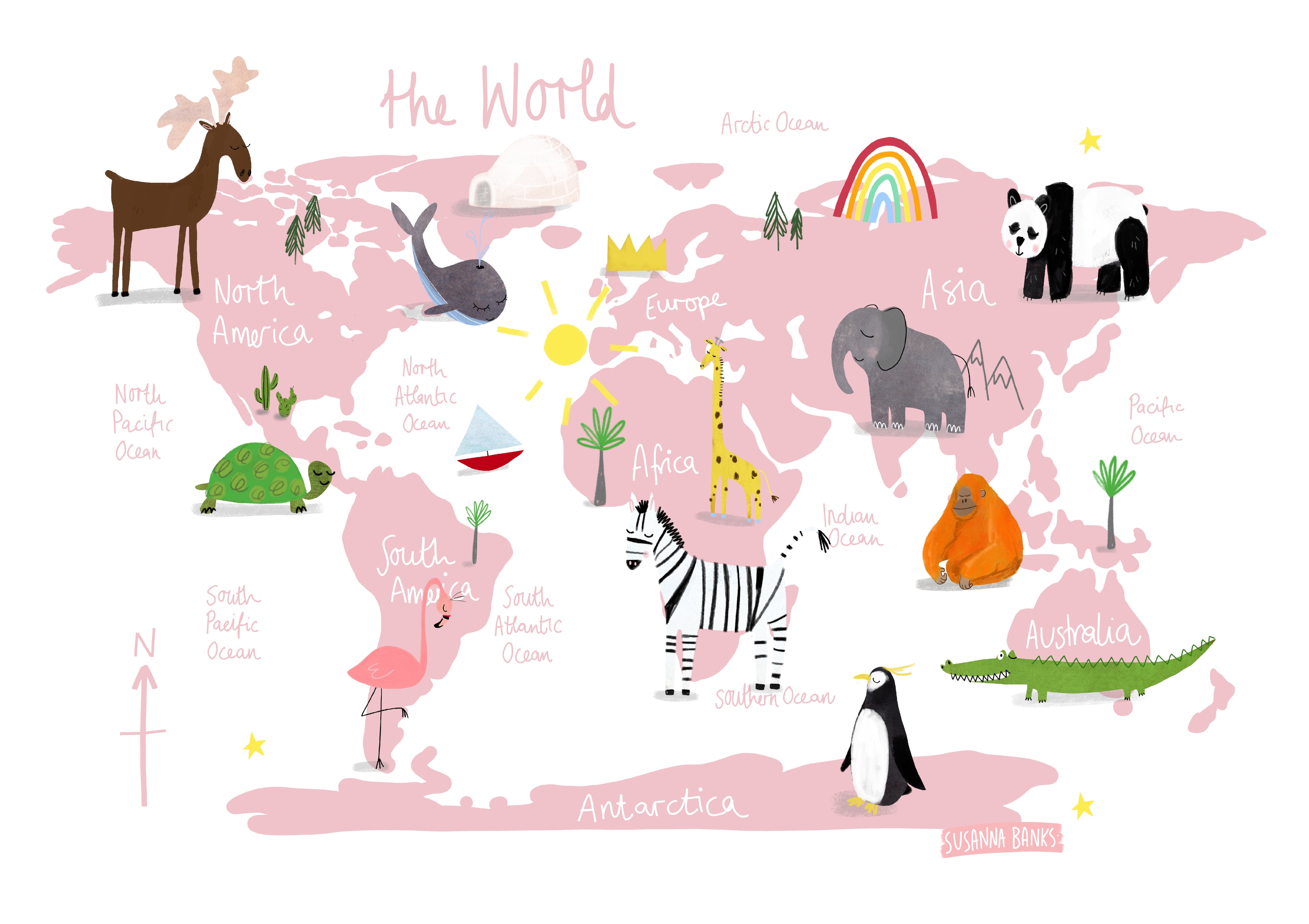 Animals of the World | World Map Print | Educational print | Homeschool | Nursery | Playroom