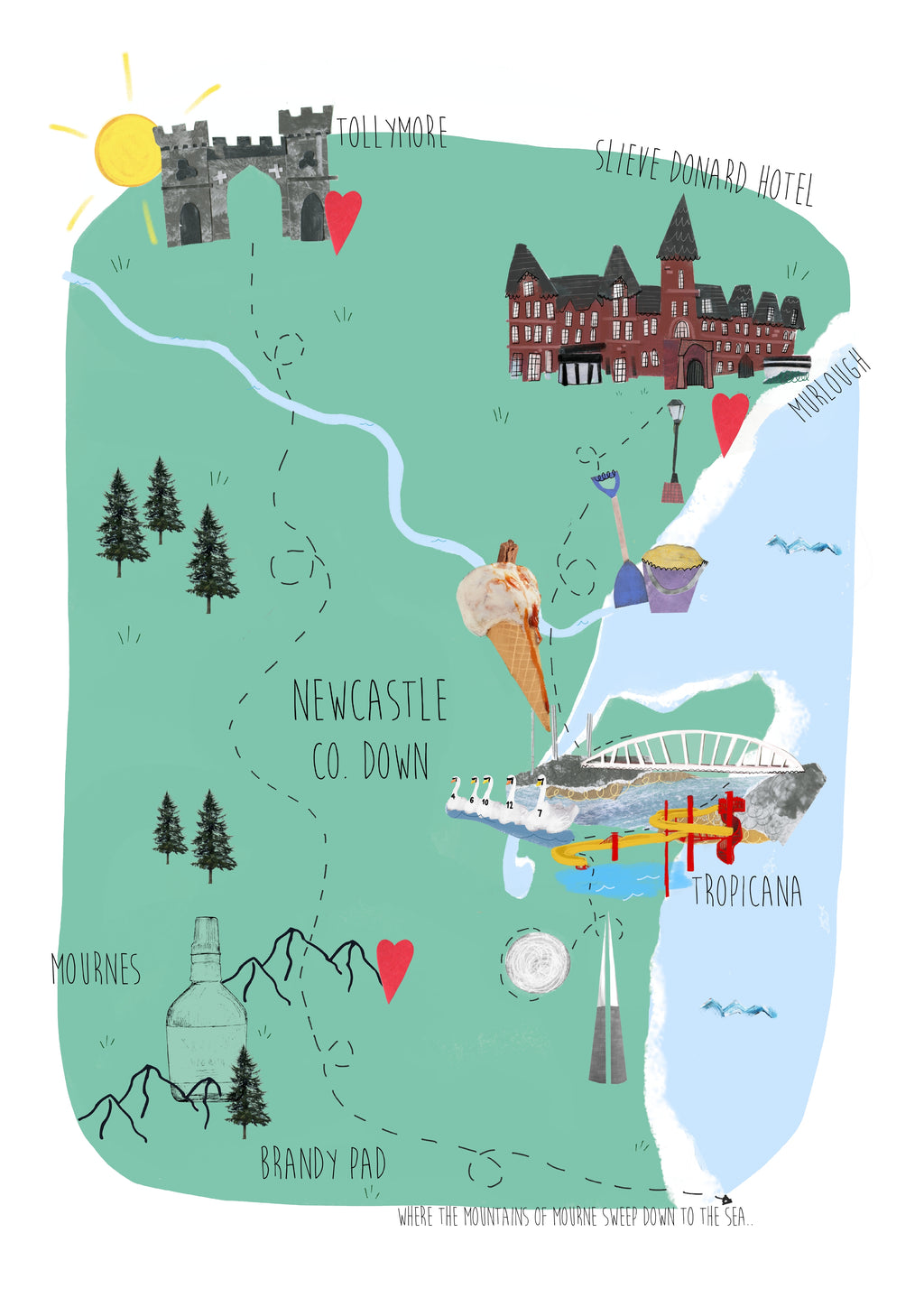 Newcastle, Co Down, Northern Ireland Map Illustration