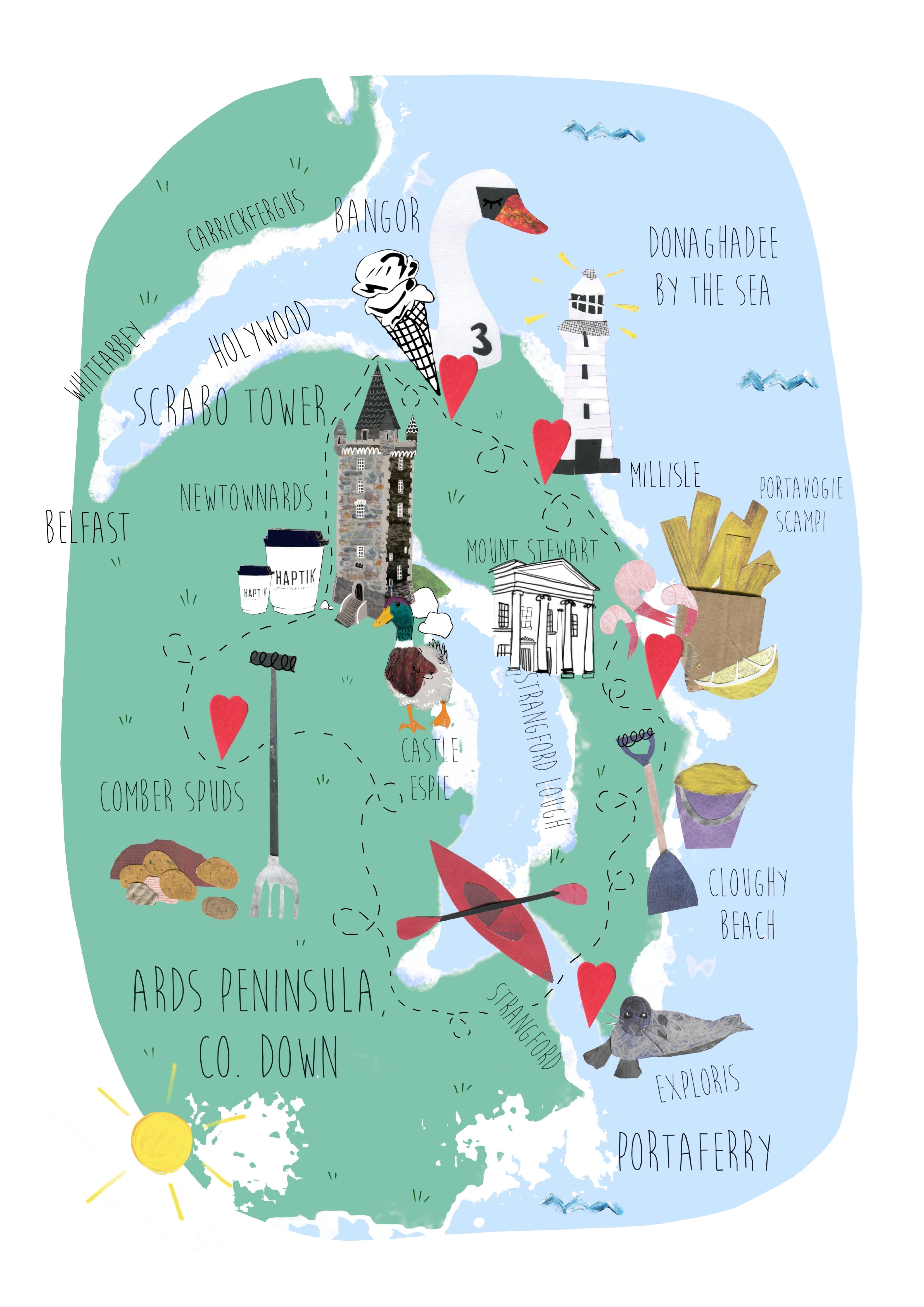 Ards Peninsula, Co Down, Northern Ireland Map Illustration