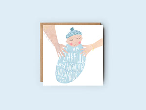 Blue | Baby Boy | New Baby | Psalm 139 | Fearfully and Wonderfully Made Baby Card | Faith Card