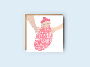 Pink | Baby Girl | New Baby | Psalm 139 | Fearfully and Wonderfully Made Baby Card | Faith Card